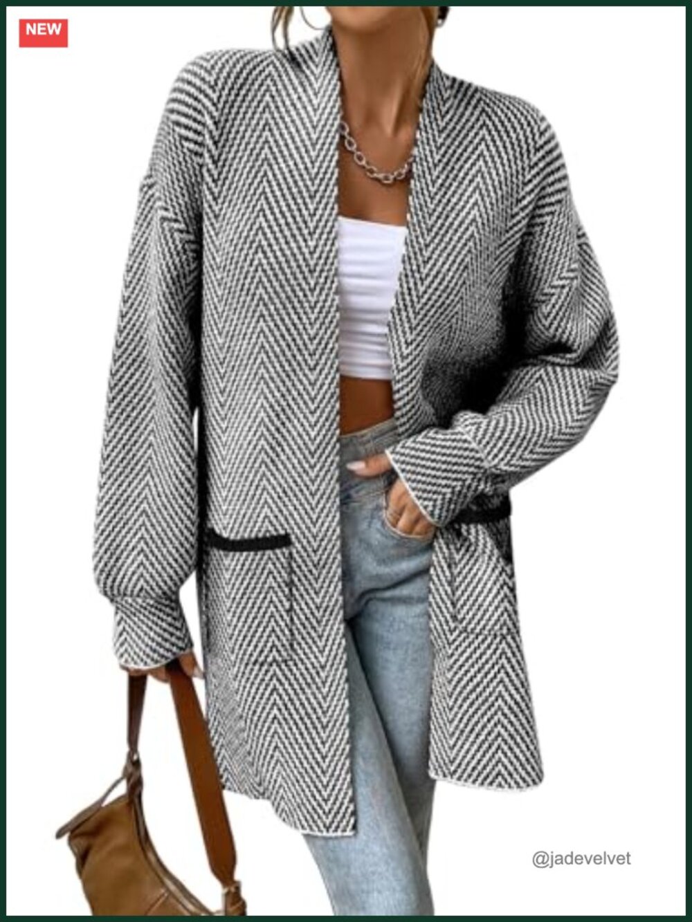 Open Front Chevron Cardigan Sweater Acrylic Lightweight Fall Layer